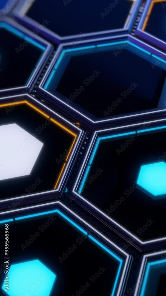 Poster background of neon hexagonal cells. animation. horizontal futuristic surface with large neon hexagon