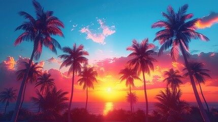 An evening on the beach with palm trees. Colorful picture for rest. Blue palm trees at sunset. Orange sunset in the blue sky.
