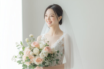 Naklejka premium An Asian bride wearing a long-sleeve lace gown, holding a minimal white bouquet of roses. Her hair is styled in a sleek, low bun for wedding 