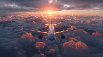 Plane is flying over mountain peaks in low clouds at golden sunrise. Top view of passenger airplane, colorful sky, hills in fog. Aircraft is taking off.