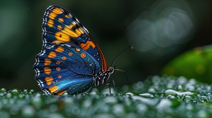 Fototapeta premium Panacea procilla, blue butterfly from Colombia. Blue orange nice insect in the nature habitat, beauty on the green leave in the forest.