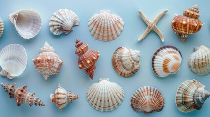 Diverse Collection of Shells Arranged on Soft Background