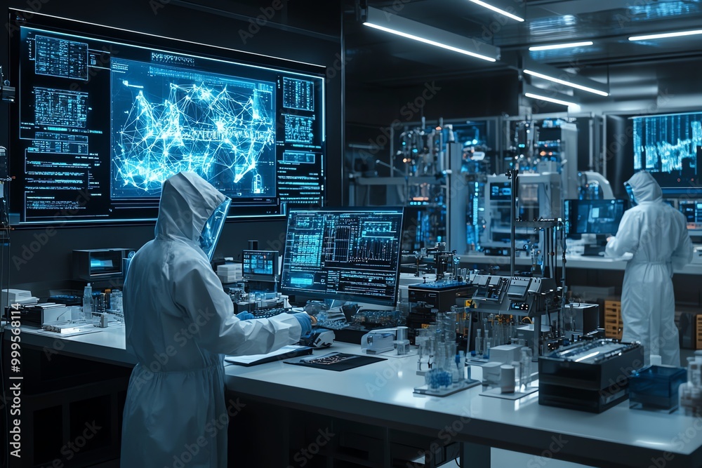 Aufkleber Scientist in a white lab coat working in a high tech laboratory with computers displaying data.