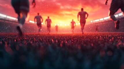 A dynamic sports scene with players sprinting towards a vibrant sunset in an atmospheric stadium.