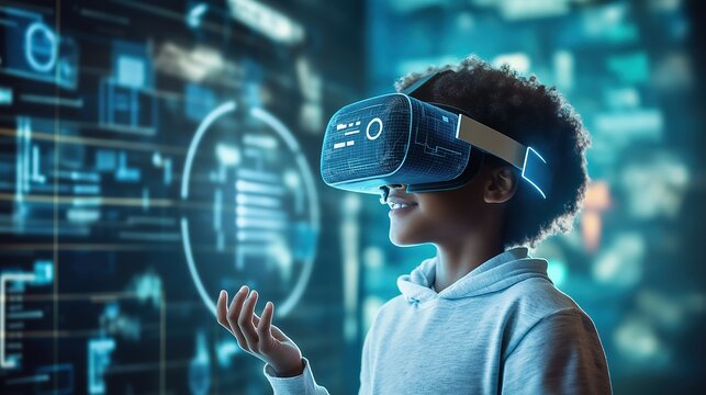 Child kid using innovative digital VR headset, 3d AR technology in metaverse world, wearing wireless virtual reality glasses