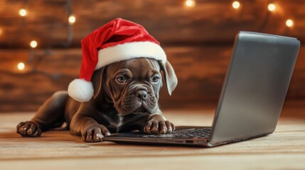 A cute puppy wearing a Santa hat curiously explores a laptop surrounded by twinkling holiday lights in a cozy setting