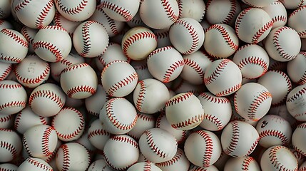 Top view of a large pile of baseballs with a background of sports