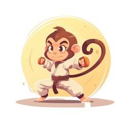 Naklejka premium A cute cartoon monkey wearing a white karate uniform and a black belt, standing in a fighting pose with a yellow moon in the background.