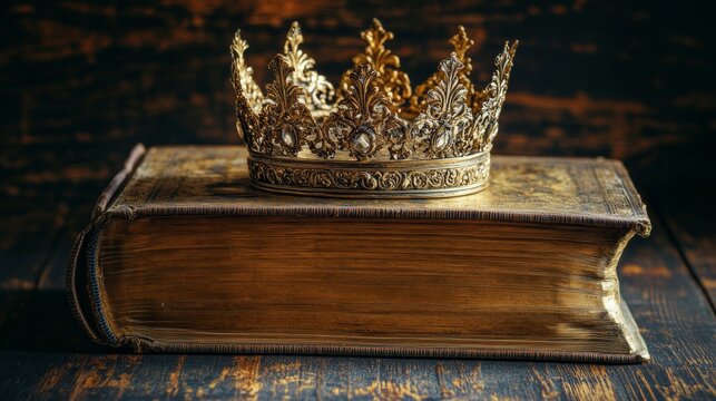 Low key image of beautiful queen or king crown over antique book. vintage filtered. fantasy medieval period