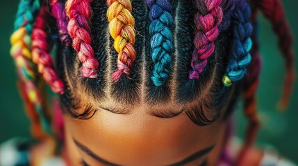 Close up of afro pigtail braids styled with Zizi and Kanekalon techniques featuring vibrant multi colored threads and intricate dreadlocks