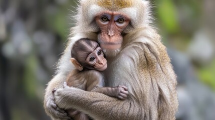 Fototapeta premium Mother monkey carrying of a baby monkey