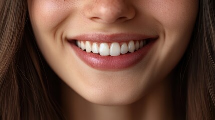 Fototapeta premium A close up of a woman s lower face showcasing a beautiful smile and perfect teeth highlighting her chin nose and mouth Suitable for dental service marketing
