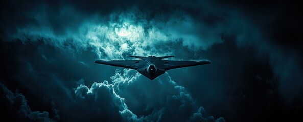 A stealth aircraft soars through the night sky, surrounded by dark clouds and illuminated by faint moonlight, creating an atmosphere of mystery and power