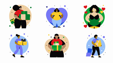 Fototapeta premium Set of diverse characters with gifts.Vector different women in flat style.A collection of colorful illustrations for greetings and celebrations