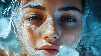 Close up of a woman immersed in an ice bath to cool off during a heatwave
