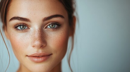 Fototapeta premium Elegant close up portrait of a woman showcasing natural beauty with delicate makeup that highlights her glowing complexion