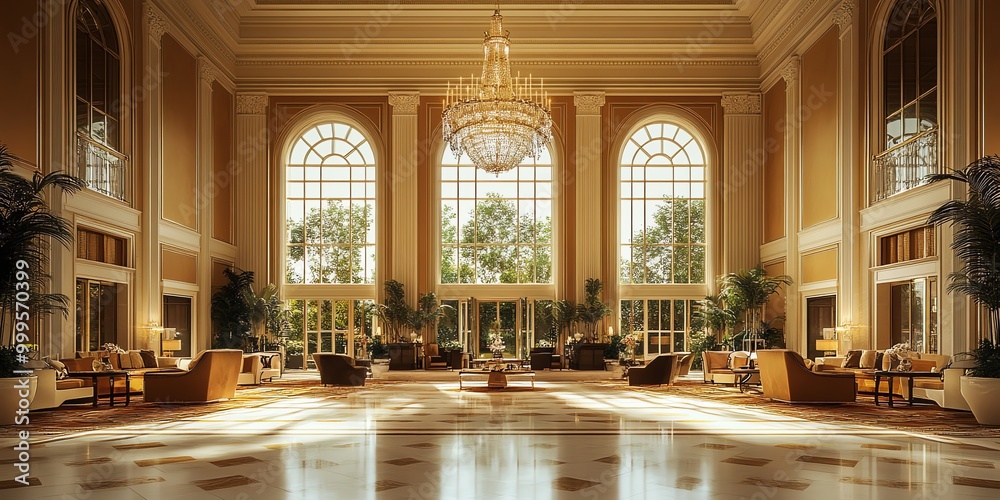 Poster sunlit lobby with grand windows, ornate columns, and plush seating.