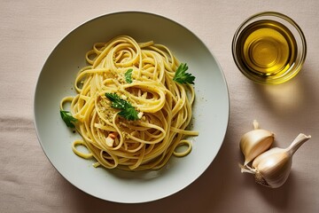 Flavorful Linguine with Garlic Oil on a Soft Surface