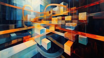 Craft an abstract oil painting of a procurement process flow diagram