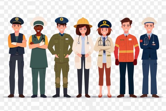 Diverse professionals showcasing their uniforms in a friendly lineup during a community outreach event at a local park