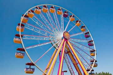 Vibrant Amusement Park Ferris Wheel Against Clear Sky Background