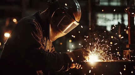 A steelworker in a helmet welds metal, with bright sparks flying in a dimly lit industrial environment, showcasing the intensity and craftsmanship of metalwork.