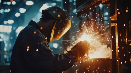 A steelworker in a helmet welds metal, with bright sparks flying in a dimly lit industrial environment, showcasing the intensity and craftsmanship of metalwork.