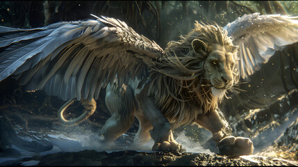 Abstract wallpaper of a unicorn lion tiger hybrid with beautiful wings.