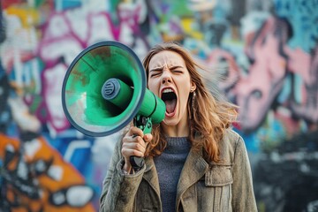 A woman shouts into a megaphone. This image is perfect for articles or social media posts about protests, activism, and social change.