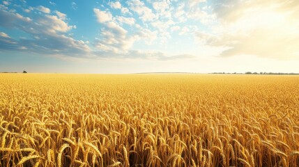 Naklejka premium Golden Wheat Field Under a Blue Sky with Puffy Clouds and Sunlight