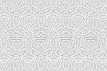 White ethnic background, tribal cover design, banner. Geometric abstract 3D pattern, embossing. Textured ornaments, arabesques, mandala of the East, Asia, India, Mexico, Aztec, Peru in handmade style.
