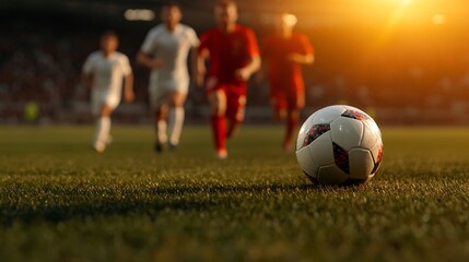 Fototapeta premium A close-up view of a soccer ball on the field as players run towards it during a golden sunset, capturing the excitement of a match.