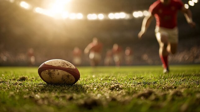 A close-up of a rugby ball on the field with players in red jerseys blurred in the background, illuminated by stadium lights.