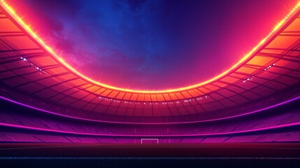 A vibrant, illuminated stadium under a colorful night sky, featuring a dramatic curved architecture and atmospheric lighting.