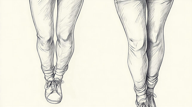 Pen and ink drawing of two pairs of legs in jeans and sneakers.