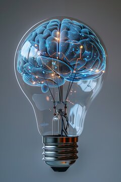A conceptual light bulb design integrates a glowing brain at the center, symbolizing creativity and innovation in artificial intelligence