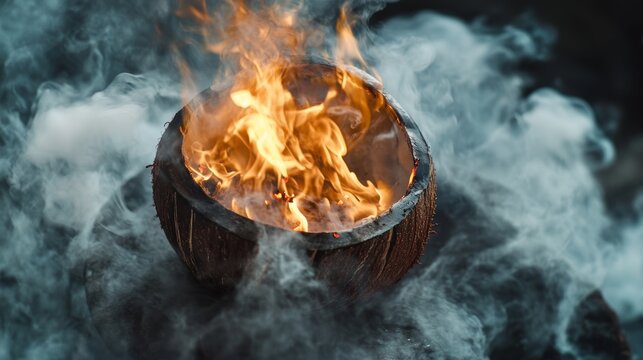A close up shot of a burning coconut shell surrounded by swirling smoke. The vibrant flames create an intriguing contrast showcasing the natural elements and the art of fire