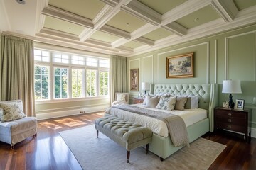 Fototapeta premium Beautiful Light Green Custom Master Bedroom Complete with Entire Wainscoting Wall, Fresh Paint, Crown and Base Molding, Hard Wood Floors and Coffered Ceiling generative ai