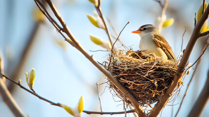 A bird building a nest in the branches of a tree on a quiet spring morning