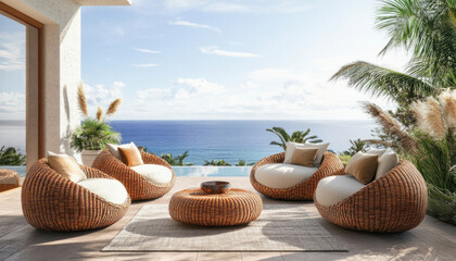 Obraz premium Wicker patio furniture is arranged on a rug on a patio overlooking the ocean