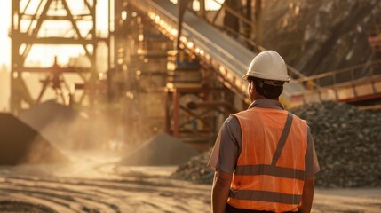 Fototapeta premium Engineer in Hard Hat and Safety Vest at Construction Site