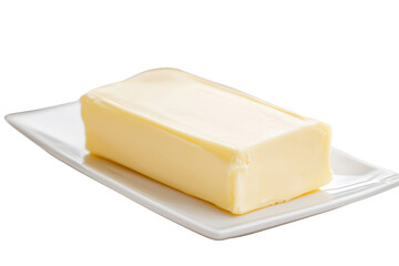 Fresh butter block served on a pristine plate, ideal for culinary use, baking, or gourmet presentations in food photography.