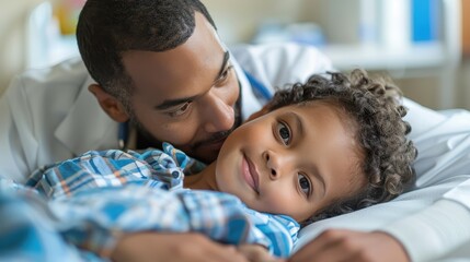 Obraz premium Caring Doctor Comforts Sick Child in Hospital Setting