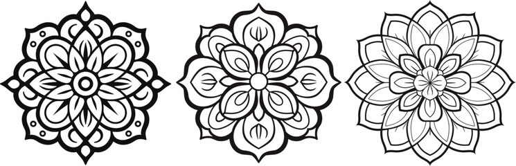 Collection of Black and White Cleand line Floral Mandala Design Vector Illustrations for coloring books and cutout design.