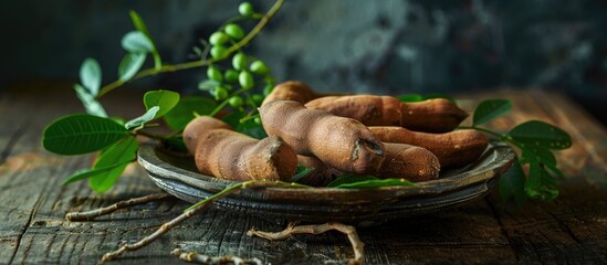 Group Of Ripe Tamarind Pods On The Wood Table