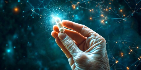 A hand reaching for a bright star. The image captures the intersection of technology and human touch. This abstract style conveys hope and discovery in the cosmos. AI