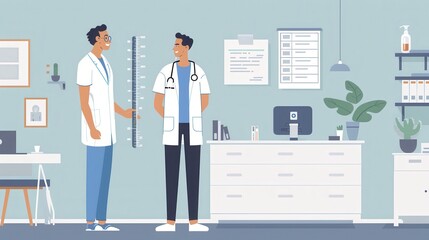 Doctors Measuring Patient's Height in Modern Office