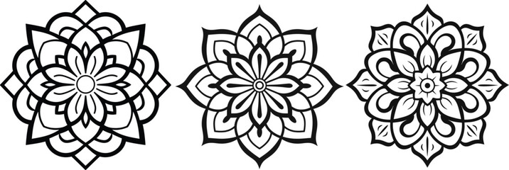 Bundle of Black and White Cleand line geometric Mandala Design Vector Illustrations for coloring books.