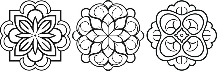 Collection of Black and White Cleand line geometric Mandala Design Vector Illustrations for coloring books.