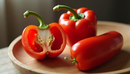  Freshly harvested red bell peppers on a wooden plate